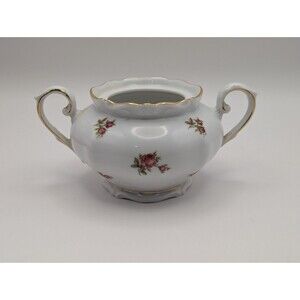 Bavaria Germany Porcelain Open Sugar Bowl Pink Roses Gold Trim Flowers White